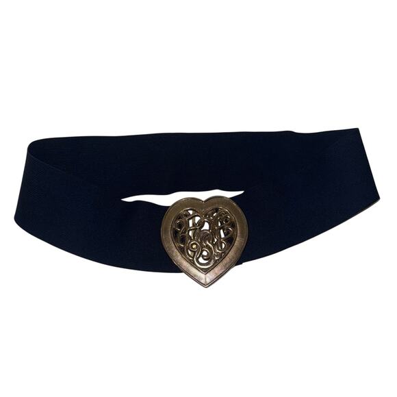 Accessories - VINTAGE 80s Stretch navy Waist Belt Oversized brass heart Buckle Fits 29" to 40"